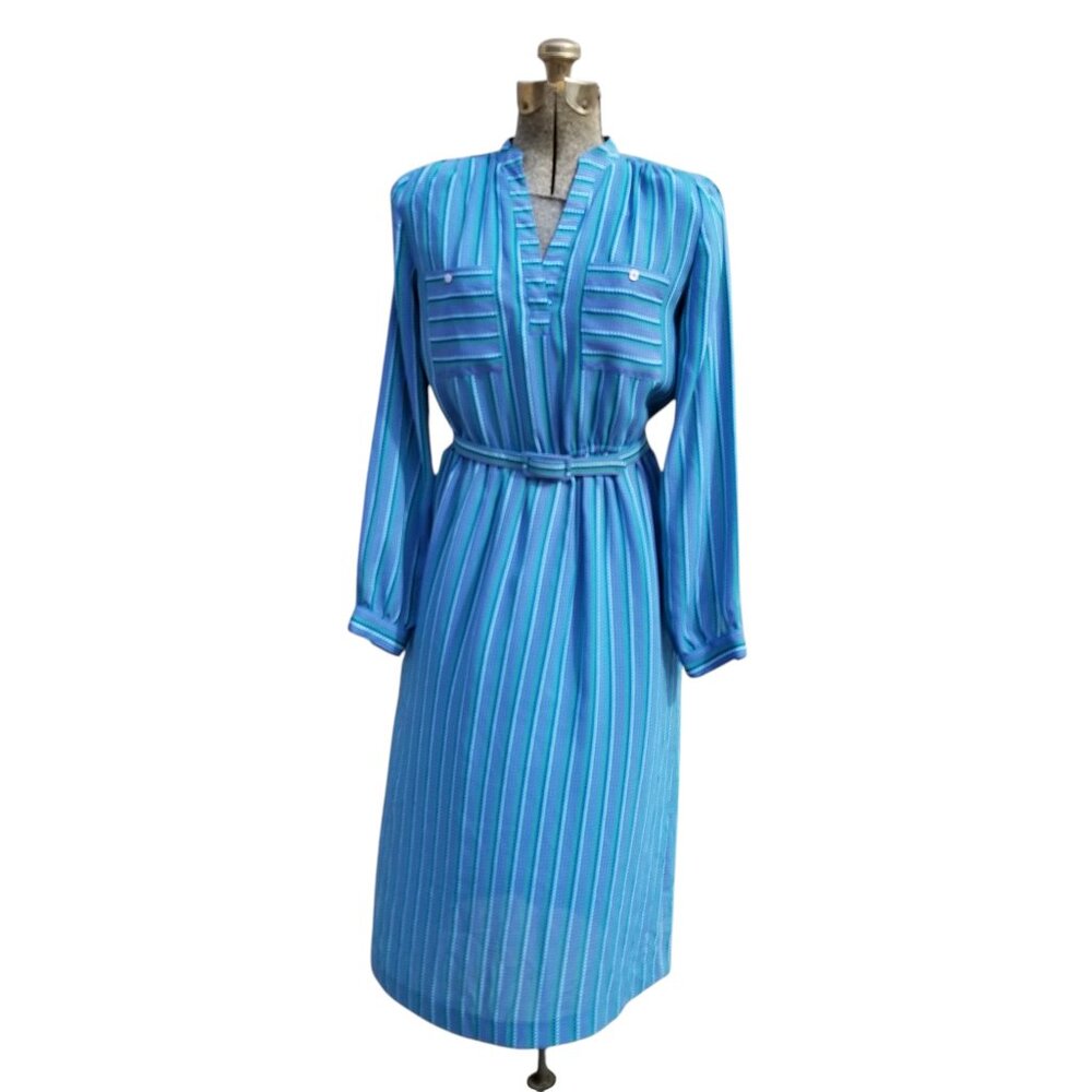 Vintage 80s Blue Geometric Stripe Shirt Dress Belted Pleated Bib Strong Shoulder